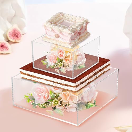 2 Stück befüllbarer Kuchenständer mit Lichterkette, Acryl, Kuchenständer, 15 cm + 25 cm, quadratische Kuchen-Präsentationsboxen, Kuchen-Erhöhung, stapelbare Tischbasis, Dessert-Etagen, Säule für