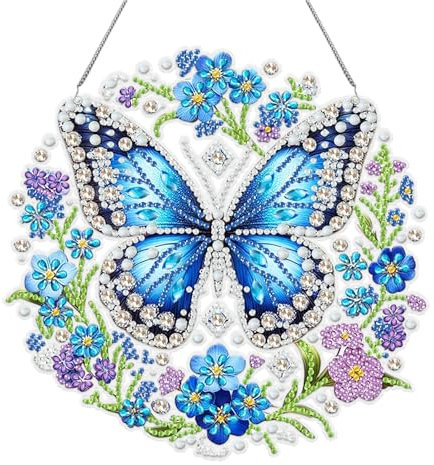 Zamety Diamond Painting Anhänger, Diamond Painting Türkranz, Diamond Painting Schmetterling Blumen, 5D Diamond Painting Fensterbilder mit Kette, für Fenster Wand und Eingang Decor