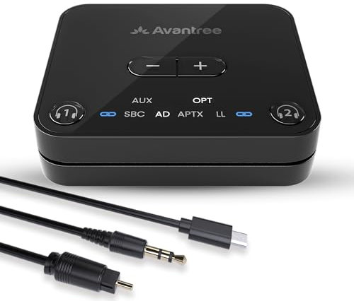 Avantree Audikast 3 - Bluetooth 5.3 Transmitter Sender für TV mit Optischem oder AUX-Audioausgang, aptX-Adaptive, Dual Link für 2 Kopfhörer und 30 Meter Reichweite