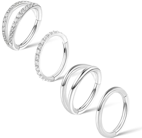 Lusofie 4Pcs Nose Hoop Surgical Steel Helix Conch Hoop Earring Hinged Clicker Nose Ring 18G Septum Ring Cartilage Lip Earring Hoops Piercing Jewelry for Women(8mm,10mm)