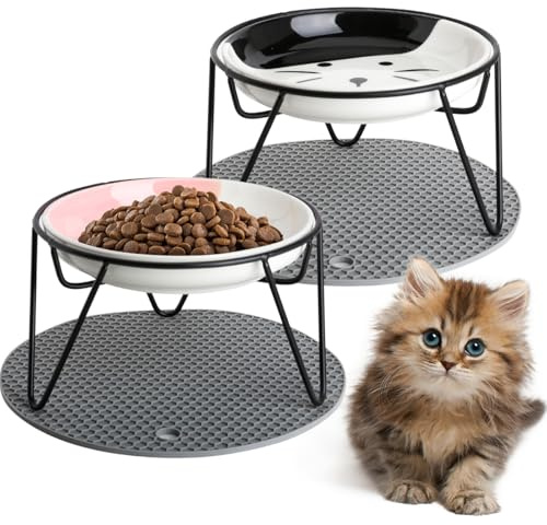 Quyimy 2Pcs Cat Bowl, Ceramic Raised Cat Food Bowl, Elevated Pet Bowl,Anti Vomiting Cat Feeding Bowl, Non Slip Cat Dish with 2 Non-Slip Mats (Blacke&Pink)