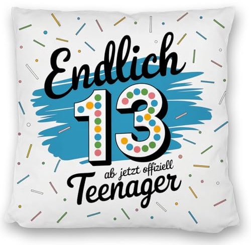 speecheese Endlich 13 Kissen satiniert für Teenager Perfektes Geburtstag Design Bunte Konfetti lebendiger Schriftzug tolle Geschenkidee für den neuen Lebensabschnitt