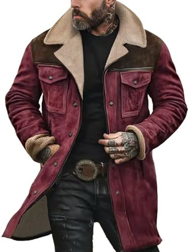 Langer Trenchcoat für Herren, Sherpa-Fleece, gefüttert, Lederjacke, Winter, warm, gepolstert, Puffermantel, braun, Trenchjacken, klassischer stilvoller Arbeitsmantel, langer Übermantel, dicker
