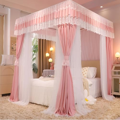 guoiooi Betthimmel,Himmelbett,4 Ecke Rüsche Prinzessin Betthimmel Vorhänge Elegant Doppellagig hellfarbig Verdunkelung Bettvorhang Fit für Doppelbett Schlafzimmer(Peach pink,150x200cm/Full)