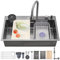 Ribanedy 86 x 50 cm Fregadero de cocina en cascada gris oscuro, fregadero moderno multifuncional de acero inoxidable de una cubeta con grifo rociador abatible y accesorios
