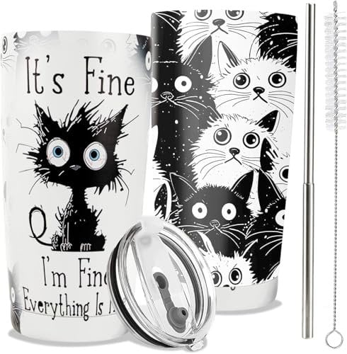 Afoxon Gifts for Cat Lovers,20oz Cat Tumbler with Lid Straw, Insulated Travel Coffee Mug,Everything is Fine Tumbler, Birthday Gift for Cats Mom