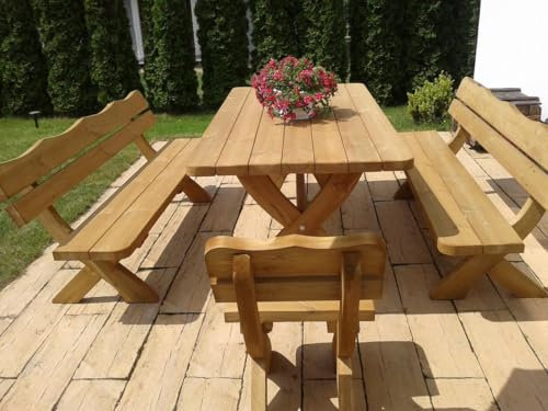 Generisch Rustikale Holz-Gartengarnitur, 180 cm Tisch, 2 Bänke, 2 Stühle, Massivholz