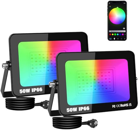 RIGIDON 2 Pcs 50W RGB Projecteur LED Exterieur, 5000LM Intelligente Multicolore Spot LED Couleur, IP66 Etanche changement de couleur RGBW Interieur pour Terrasse Jardin Garage lampe