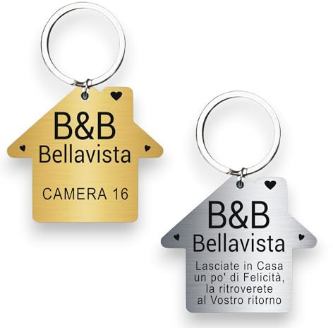 2 Portachiavi Casetta Personalizzati in Laminato Plastico Oro/Argento per B&B, Casa Vacanze, Hotel – Incisione Indelebile, Nome Struttura e Numero Camera – Targhe CIN (Portachiavi) – Lo Realizzo®