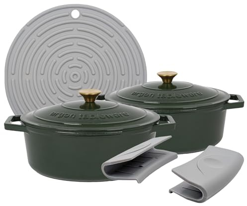 Argon Tableware 4.5L Oval Cast Iron Casserole Dishes with Self-Basting Lids - Green - 2 Pack Induction Hob Cooking 4.75QT Dutch Oven Bread Baking Serving Roasting Stew Stock Pot Cookware Pan