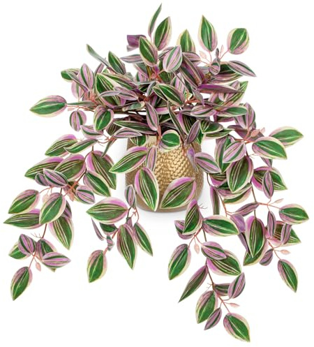 Oairse Fake Plants in Gold Metal Pots, Artificial Trailing Plants Potted | 41cm Faux Tradescantia Zebrina for Indoor Outdoor Home Office Bathroom Kitchen Shelf Desk Table Decoration