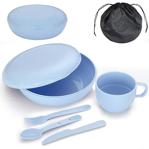 Evanda Couverts Camping avec Bol, Assiette, Tasse, cuillère, Fourchette, Couteau et Sac de Transport, Réutilisable Accessoires de Camping Essentiel Équipement léger et Peu encombrant