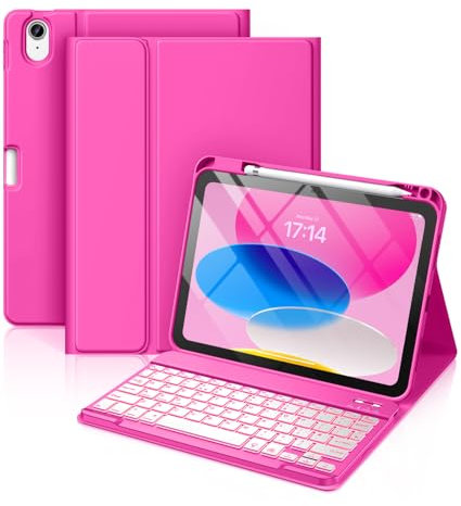 Vobafe Keyboard Case for iPad A16 11th Generation 2025/10th Gen 2022(11/10.9 inch), 7 Colors Backlit Detachable Folio Keyboard Cover with Pencil Holder for iPad 11/10 Gen, UK Layout, Begonia Red