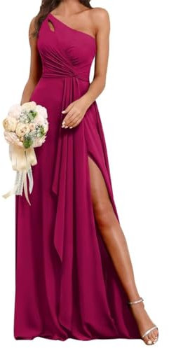 Vestidos de dama de honor de un hombro para boda, plisado, de gasa, formal, vestido largo con abertura AH127, fucsia, 52 Grande