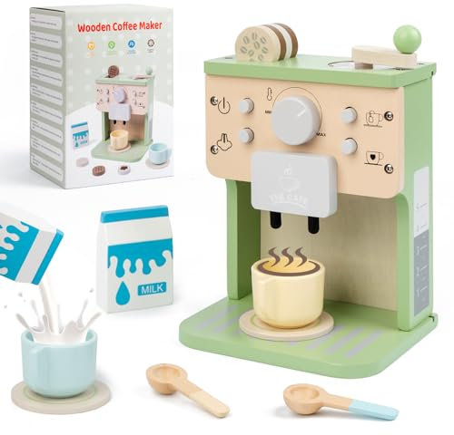 FMSKS Machine à Café Jouet en Bois avec Son pour Enfant, Jeu de Rôle Cuisine Montessori et Éducatif, 3+ Ans 10 Pièces
