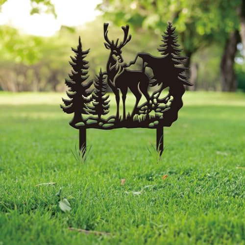 SUPERDANT Forest Deer Garden Decor Animal Metal Outdoor Plaque Ornament Black Silhouette Outdoor Decor Trees Metal Courtyard Lawn Patio Yard Decorative Art Gifts 30x27.5cm