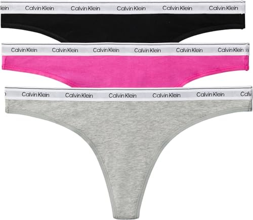 Calvin Klein Damen 3er Pack Strings mit Logobund, Mehrfarbig (Black/Grey Heather/Stunning Orchid), L