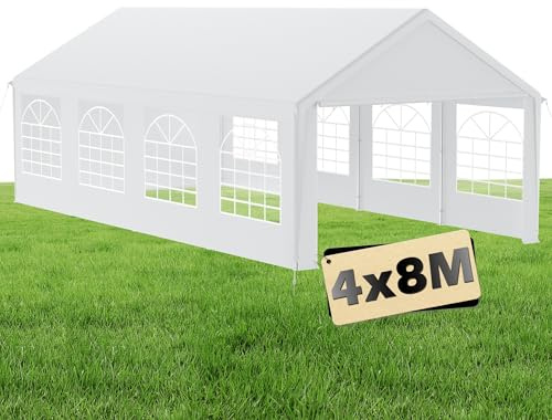 Suusolny 4x8m Premium Großer Pavillon Partyzelt UV-Schutz mit Seitenteilen Gartenpavillon Wasserdicht Winterfest mit Fenster Großzelt Gartenzelt Partyzelt für Hochzeiten Freien Garten - Weiß