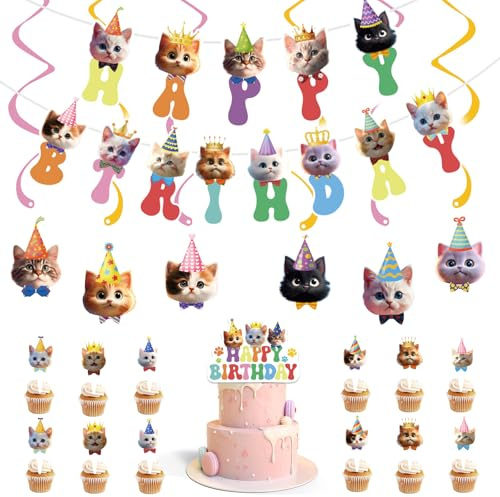 DiiWmme 21 Pcs Cat Birthday Party Decorations Kit,Happy Birthday Banner, Hanging Swirls,Cupcake Toppers for Cats Themed Party Supplies (Cat)