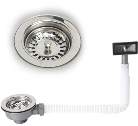 VOSSOT Siphon Küchenspüle 114 mm – Ablaufgarnitur Spüle mit Eckigem Überlauf & Edelstahl Siebkorb, Universelle Siphon Waschbecken für Küche & Bad, Modernes Design Im Europäischen Stil,Hochwasserschutz