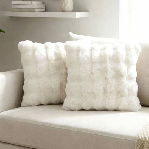 Xqzbmt 2 Pack Faux Fur Cushion Covers 45x45cm, Cream White Fluffy Thick Plush Decorative Throw Pillow Cases with Hidden Zipper for Sofa Bedroom Living Room