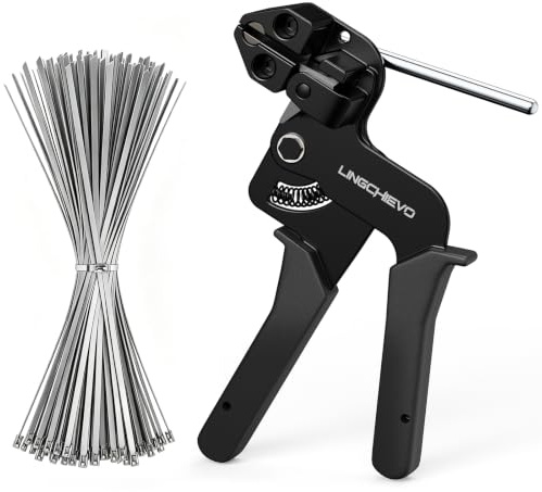 Lingchievo Metal Zip Tie Gun with 100 PCS 11.8inch Stainless Steel Zip Ties | Cable Ties Heavy Duty Zip Tie Tool for Fastening and Cutting, Chain Link Fence Parts for Fence Exhaust Pipe Outdoor
