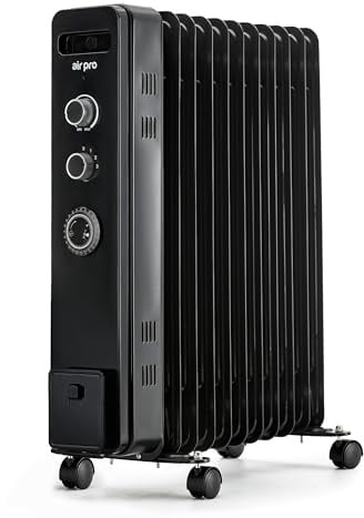 Air Pro Oil Filled Radiator 2500W with Thermostat & 24h Timer – 11 Fin Portable Electric Heater 3 Heat Settings, Overheat & Tip-Over Protection, Quiet for Home, Office and Any Room Radiator on Wheels