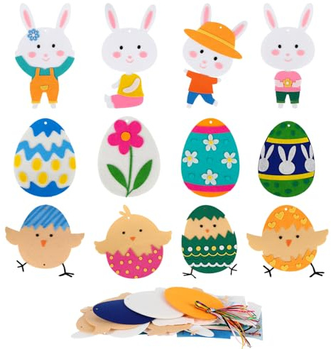 JadeLink Bastelset Ostern Kinder, 12 Stück Filz Basteln Kreativsetsr, Aufhängbare Ostern Deko Kaninchen, Eier und Küken Bastelset Kinder Ab 3 4 5 6 7 8 Jahre für Jungen Mädchen Geschenke (Ostern)