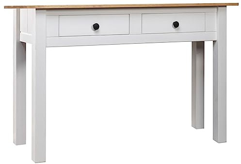 IBUQDDV Table console blanche 110 x 40 x 72 cm en pin massif avec 2 tiroirs pour espace de rangement, table d'appoint, buffet, décoration de salon, plateau de table robuste, durable et rustique