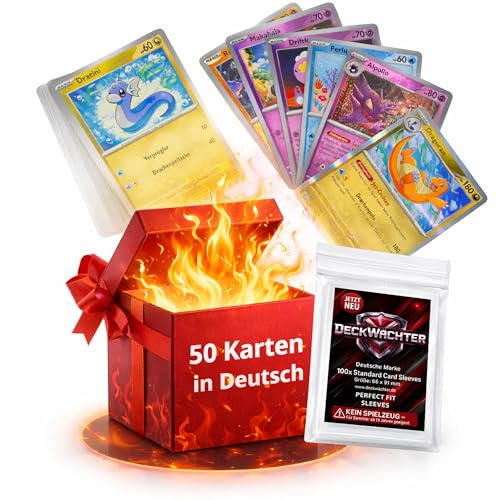 50 Sammelkarten Set Deutsch + 100 Penny Sleeves – 1 Holo + 5 Reverse Holo – zufälliger Mix aus verschiedenen Erweiterungen – Keine Energiekarten - Kompatibel mit Pokemon Karten