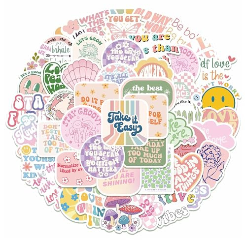 ALLY-MAGIC Sticker Aesthetic 50 Stück – Wasserfeste Vinyl Aufkleber Motivational Quotes für Wasserflasche, Laptop, Handy & Tagebuch, Pastellfarben, Preppy Design, Deko für Büro & Reisen E24-WZTZF
