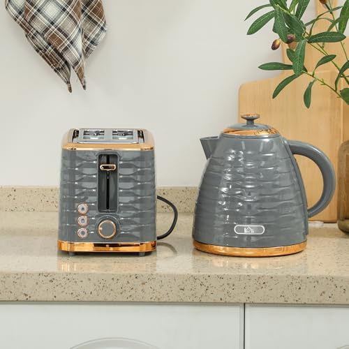2 Slice Toaster & 1.7L Electric Kettle Breakfast Set, Retro Wave with Rose Gold Accents, Auto Pop-Up & Fast Boil, Stainless Steel Kitchen Combo, Grey