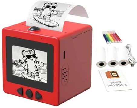 Hemousy AI Voice Sticker Printer, Mini Printer Sticker Maker Machine with Display for DIY, Diary, Photos - with 3 Paper Rolls and 5 Coloring Pens