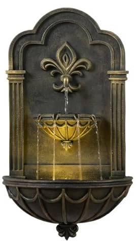 Teamson Home 80 cm Fleur-De-Lis Wall-Mounted Outdoor Fountain with Integrated Led Lighting and Decorative Black and Gold Finish, Black & Gold