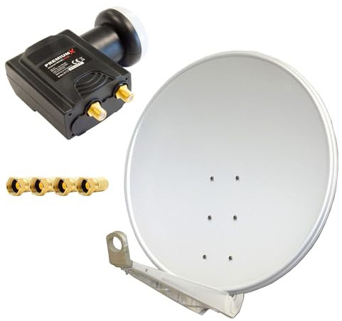 Premium X DELUXE100 Satellitenantenne 100 cm Aluminium in Hellgrau Offset Antenne HDTV 3D 4K Deluxe Twin LNB Sat für 2 Teilnehmer Digital Signalumsetzer DVB-S2 HD UHD 4K