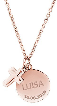 Gravado Mondgold Kette aus Roségold-Edelstahl mit 2 Anhängern, Kreis und Kreuz, Personalisiert mit Namen, Karabinerverschluss, Mädchen Schmuck, Länge 50 cm