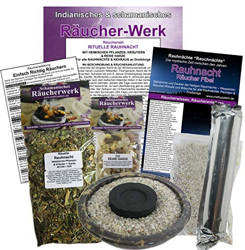 Rituelle RAUHNACHT 8-TLG Räucherset zum AUSRÄUCHERN für RAUHNÄCHTE und DREIKÖNIGE. HEIMISCHE KRÄUTER & HARZE WEIHRAUCH, MYRRHE UVM. 2X Räuchermischung. 6X ZUBEHÖR mit Rauhnachtfibel. 81308 RZE-P