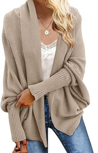 Imily Bela Womens Kimono Batwing Cable Knitted Slouchy Oversized Wrap Cardigan Sweater (Medium, A-Khaki)