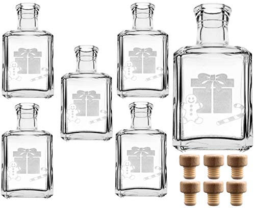 gouveo 6er Set 250 ml Glasflaschen Cube mit Gravur Geschenk und Korken (HGK) - Leere Flaschen für Weihnachten - Kleine Flaschen zum Verschenken