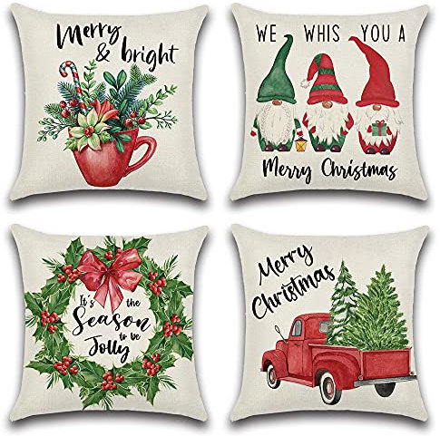 JOTOM Weihnachten Kissenbezug wasserdichte Kissenhülle 45x45cm 4er Set Sofakissen Dekokissen Bezug für Sofa Zimmer Outdoor Balkon Terrasse Patio Garten Outdoor (Merry Christmas)