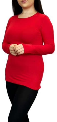 LUXE DIVA Women Ladies Long Sleeve Round Neck Plain Top Stretchy Casual Summer T-Shirts Basic Slim fit Tee Tops UK Plus Size 8-26 Red
