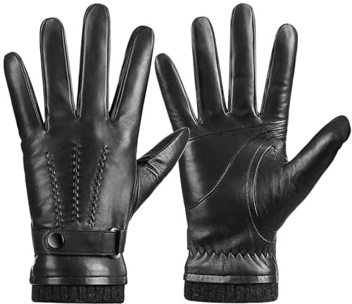 Potopok Winter Schaffell Lederhandschuhe für Herren Warme Touchscreen Handschuhe mit Kaschmir Futter Fahrhandschuhe für Outdoor, Schwarz, Medium