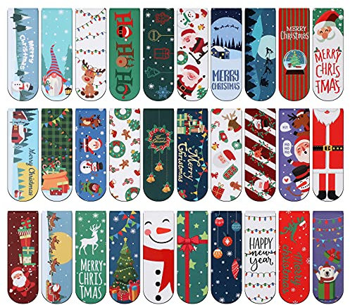 MWOOT 30 Stück Weihnachten Magnetische Lesezeichen Set,Christmas Magnet Seiten Buchmarkierungen, Seiten Clips Lesezeichen für Studenten Lesen(2x6cm,30 Stil)