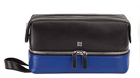 DUDU Beauty Case für die Reise, Herren und Damen, handgefertigter Kulturbeutel aus Leder, 2 Fächer mit Tragegriff Schwarz