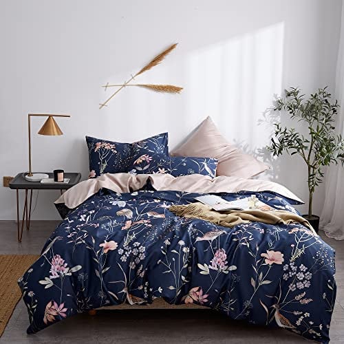 BOLIYVAN Bettwäsche-Set mit blauem Blumenmuster und Vögeln, 200 x 220 cm, ultraweiches Bettwäsche-Set beinhaltet 1 Bettbezug und 2 Kissenbezüge, weicher Bettbezug mit Reißverschluss