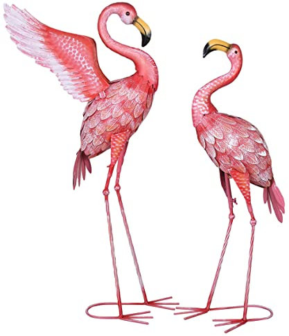 PALAZZO INT 2 Flamingo Figuren Rosa Metall Gartenfigur Set Miami Garten 94 cm & 82 cm Vintage Dekovogel Eisen Tropische Gartendeko Balkon Terrasse Innenbereich Deko Flamingos groß