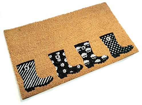 Black Ginger Decorative Coir Door Mat with 4 Wellington Boots Design, Hardwearing and Durable, 75 x 45 cm