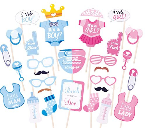 VIEVRE 30 Stücke Babyparty Foto Requisiten, Babyparty Mädchen, Baby Gender Reveal Party, Babyparty Deko, für Jungen und Mädchen Handheld-Selfie-Foto-Requisiten-Set für Veranstaltungen, Spiele