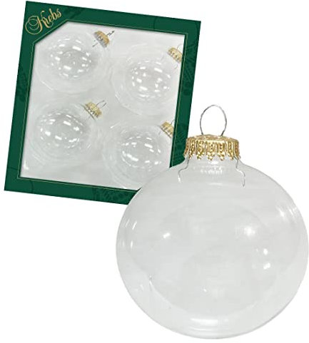 Dekohelden24 Lauschaer Christbaumschmuck - 4er Set Kristall Kugel Uni klar, 8 cm, mit goldenem Krönchen + 50 Schnellaufhänger in Gold