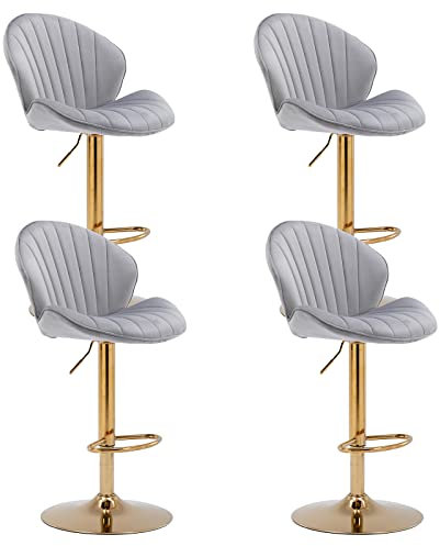 Wahson Taburetes de Bar Terciopelo con Respaldo Juego de 4 Taburetes Altos de Cocina Regulable en Altura,Sillas Bar Estilo Moderno para Resturante/Isla Cocina/Salón (Gris)